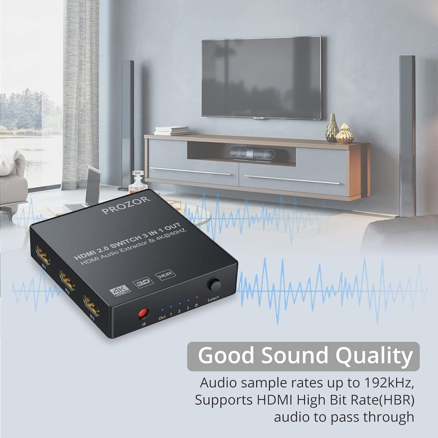 NÖRDIC HDMI switch 3 til 1 4K30Hz 3D PIP med audio extractor 1xOptisk toslink 1x stereo 3,5mm