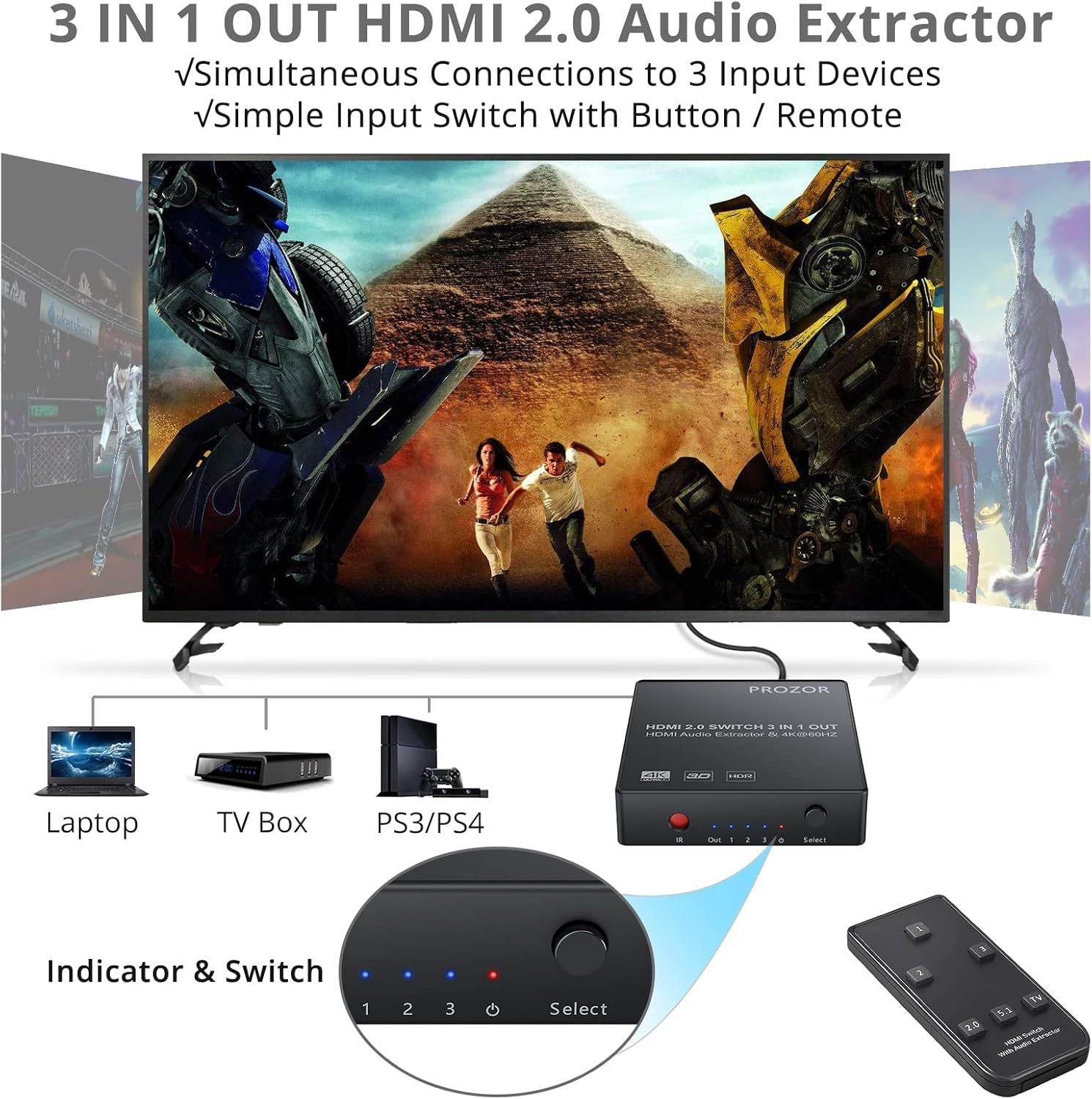 NÖRDIC HDMI switch 3 til 1 4K30Hz 3D PIP med audio extractor 1xOptisk toslink 1x stereo 3,5mm