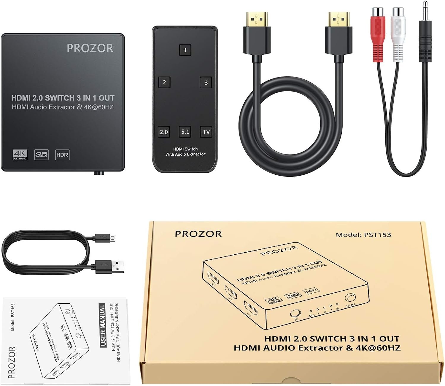 NÖRDIC HDMI switch 3 til 1 4K30Hz 3D PIP med audio extractor 1xOptisk toslink 1x stereo 3,5mm