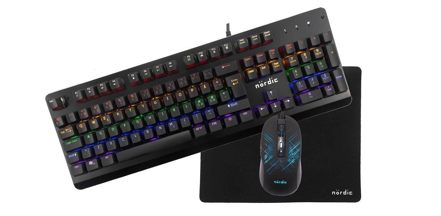 NÖRDIC KIT3 RGB Gamingkit 3-i-1, Mekanisk RGB tastaturomskifter Xinda Blå, RGB mus, musemåtte