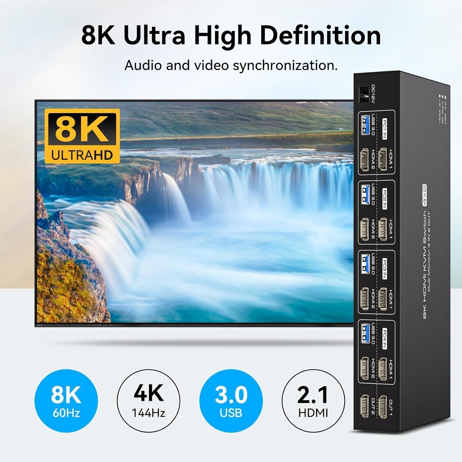 NÖRDIC KVM 4x2 HDMI Switch 4PC til Dobbelt Skærm HDMI 8K60Hz med 1x3.5mm og 4xUSB-A