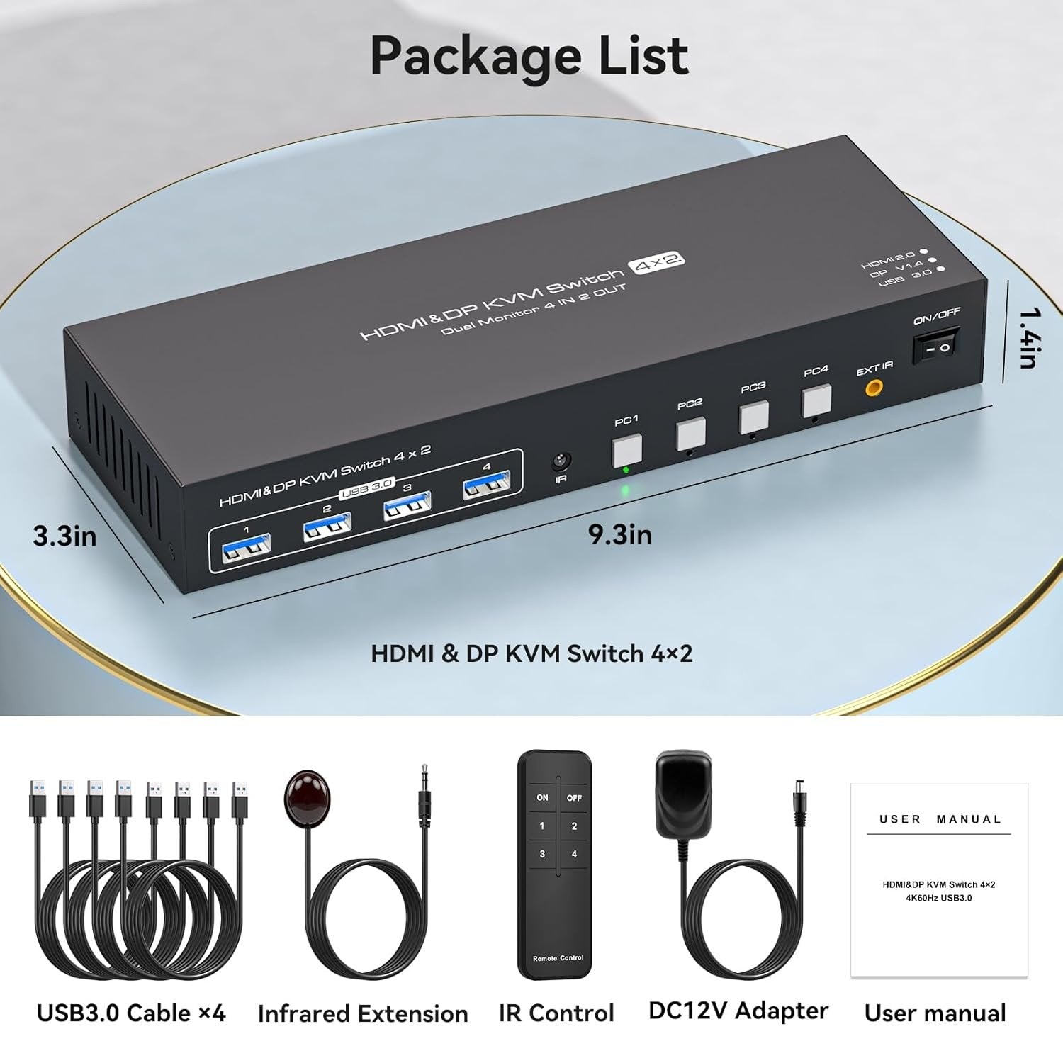 NÖRDIC KVM 4x2 Switch 4PC til Dobbelt Skærm HDMI & DP 8K60Hz med 1x3.5mm og 4xUSB-A