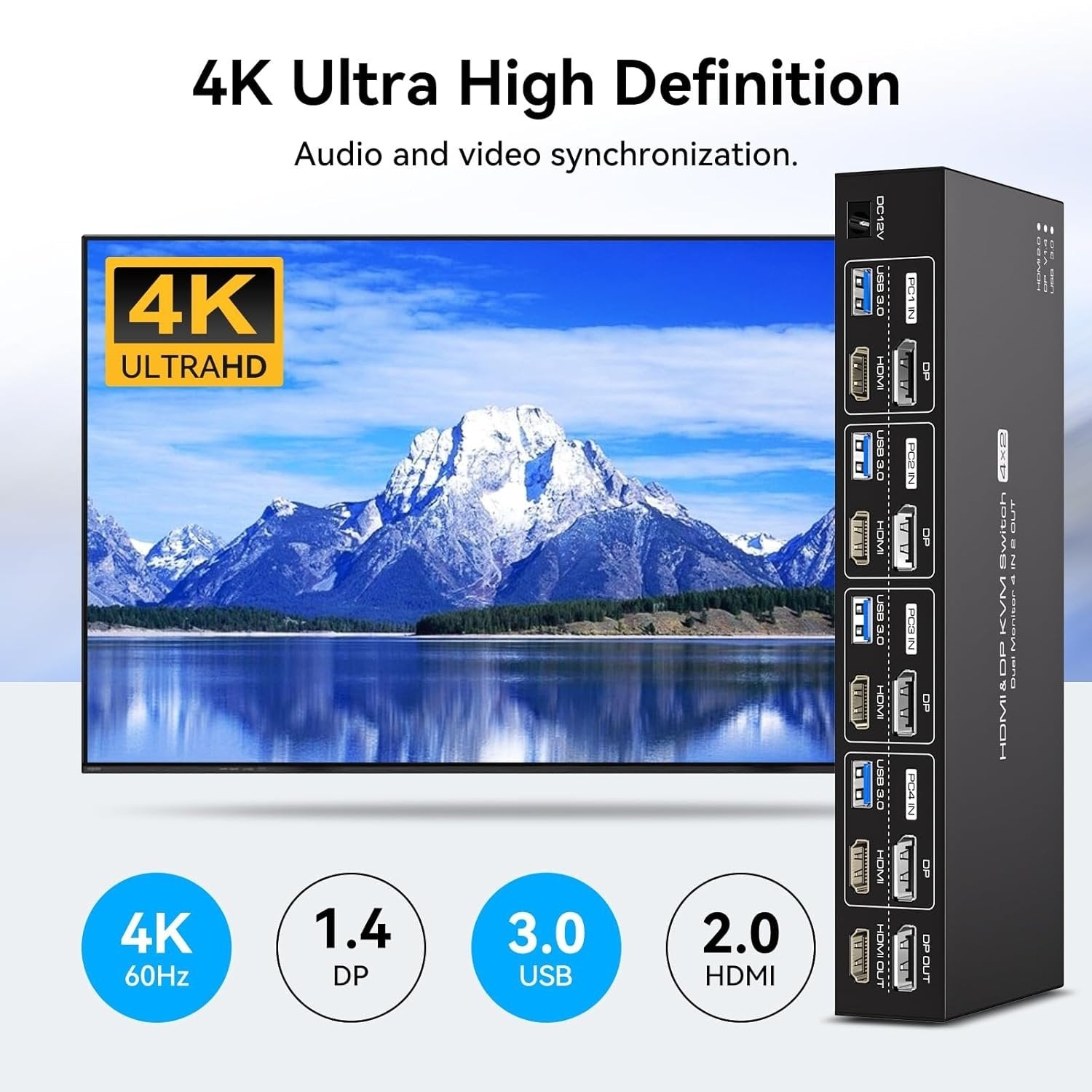 NÖRDIC KVM 4x2 Switch 4PC til Dobbelt Skærm HDMI & DP 8K60Hz med 1x3.5mm og 4xUSB-A