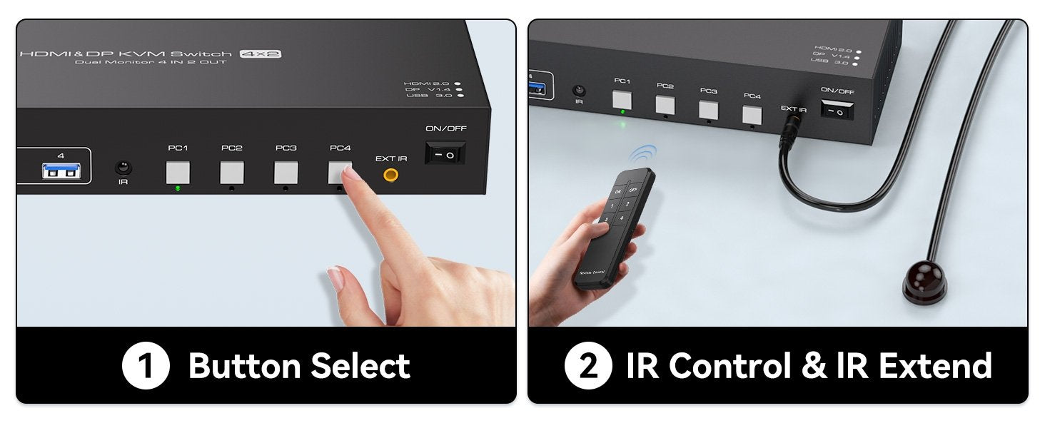 NÖRDIC KVM 4x2 Switch 4PC til Dobbelt Skærm HDMI & DP 8K60Hz med 1x3.5mm og 4xUSB-A