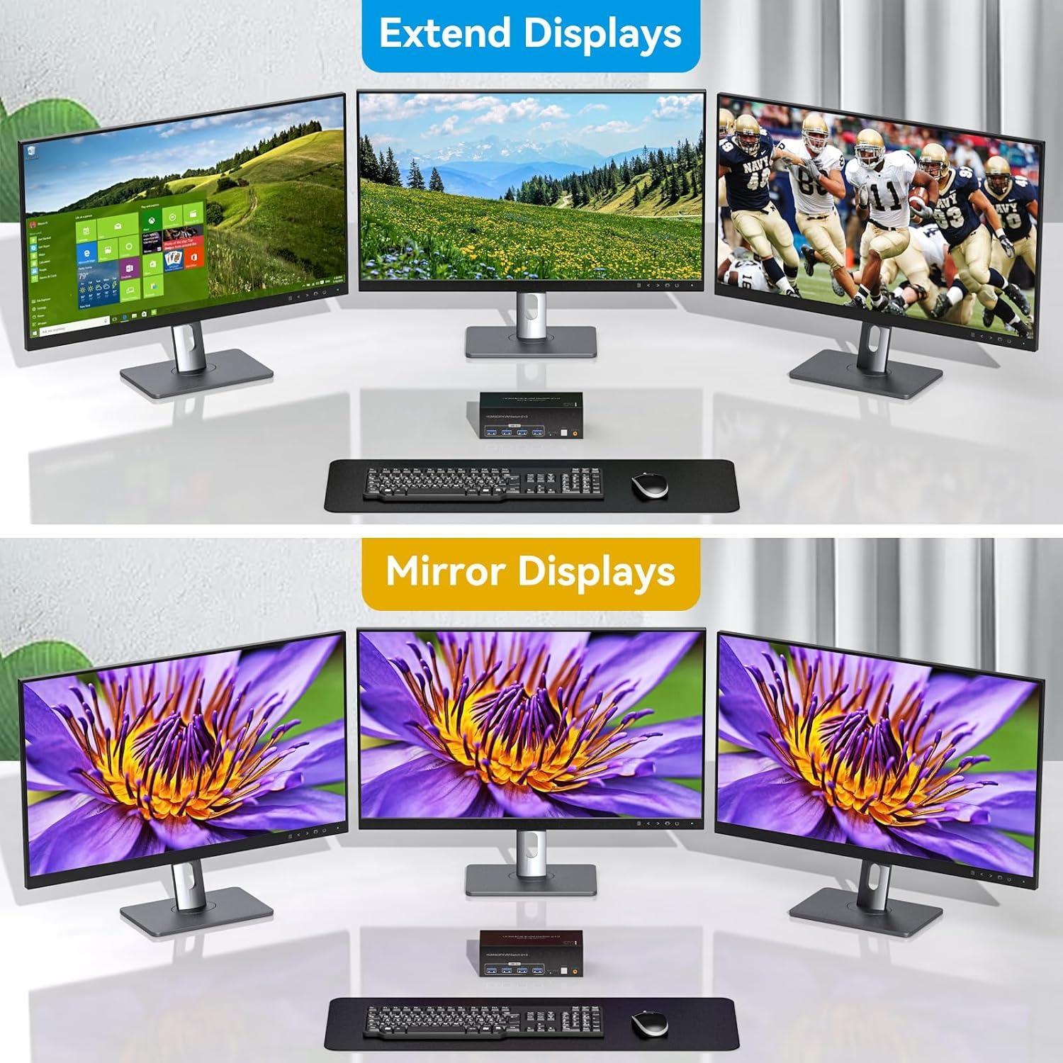 NÖRDIC KVM-switch 2 PC 3 skærme 8K60Hz 4K144Hz Triple skærm 2xDP 1xHDMI 4xUSB 3.0 porte