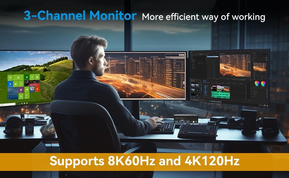 NÖRDIC KVM-switch 2 PC 3 skærme 8K60Hz 4K144Hz Triple skærm 2xDP 1xHDMI 4xUSB 3.0 porte