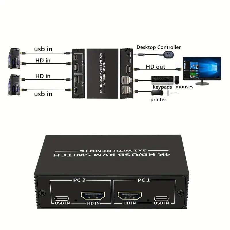 NÖRDIC KVM Switch 2 PC til 1 HDMI 2.0 og 4xUSB til Xbox, PS5, Laptop