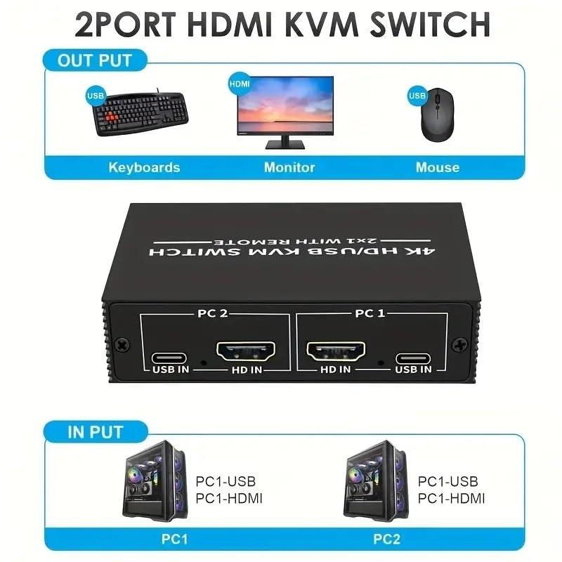 NÖRDIC KVM Switch 2 PC til 1 HDMI 2.0 og 4xUSB til Xbox, PS5, Laptop