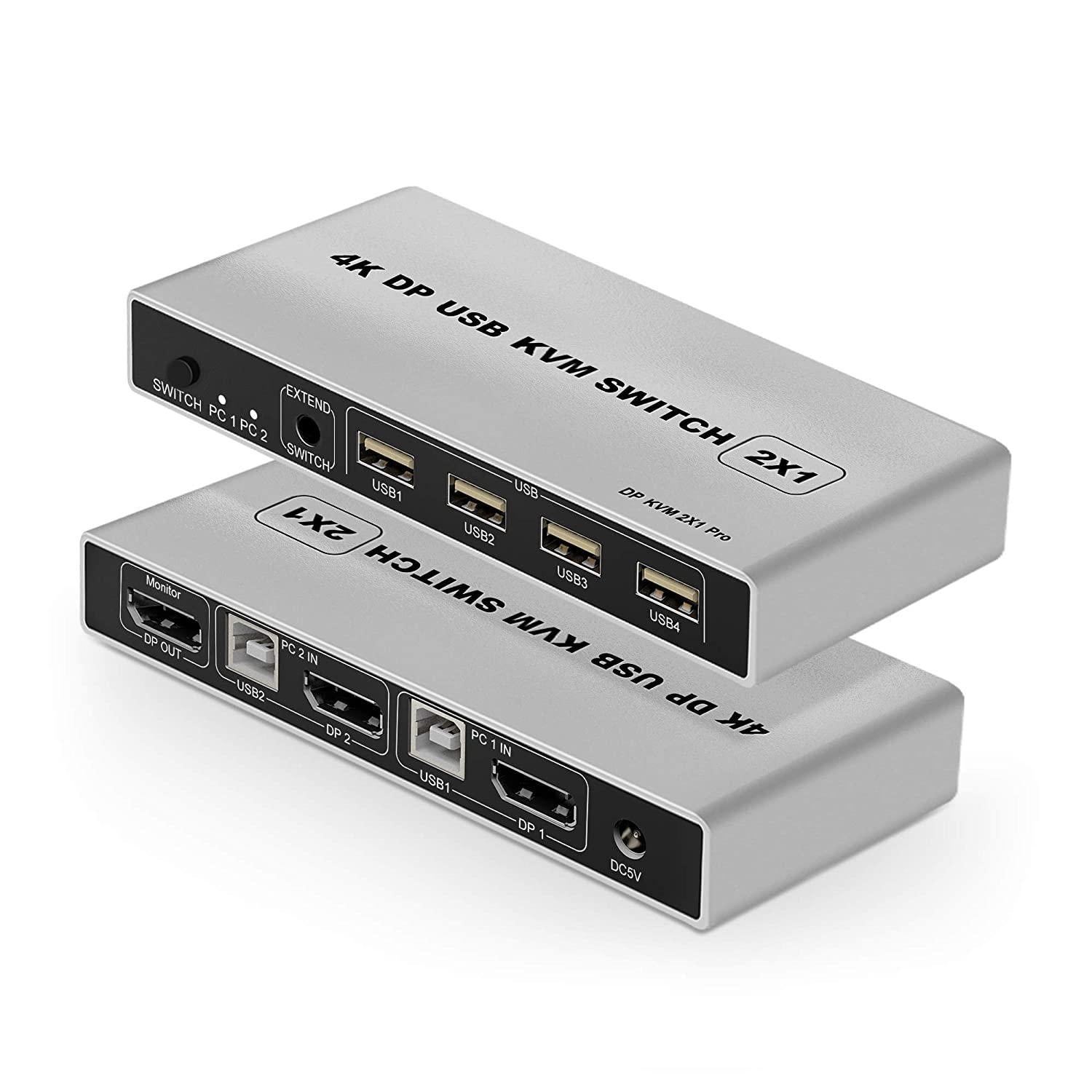 NÖRDIC KVM Switch 2 PC til 1 DisplayPort 1.2 4K60Hz og 4x USB-port HDCP 2.2