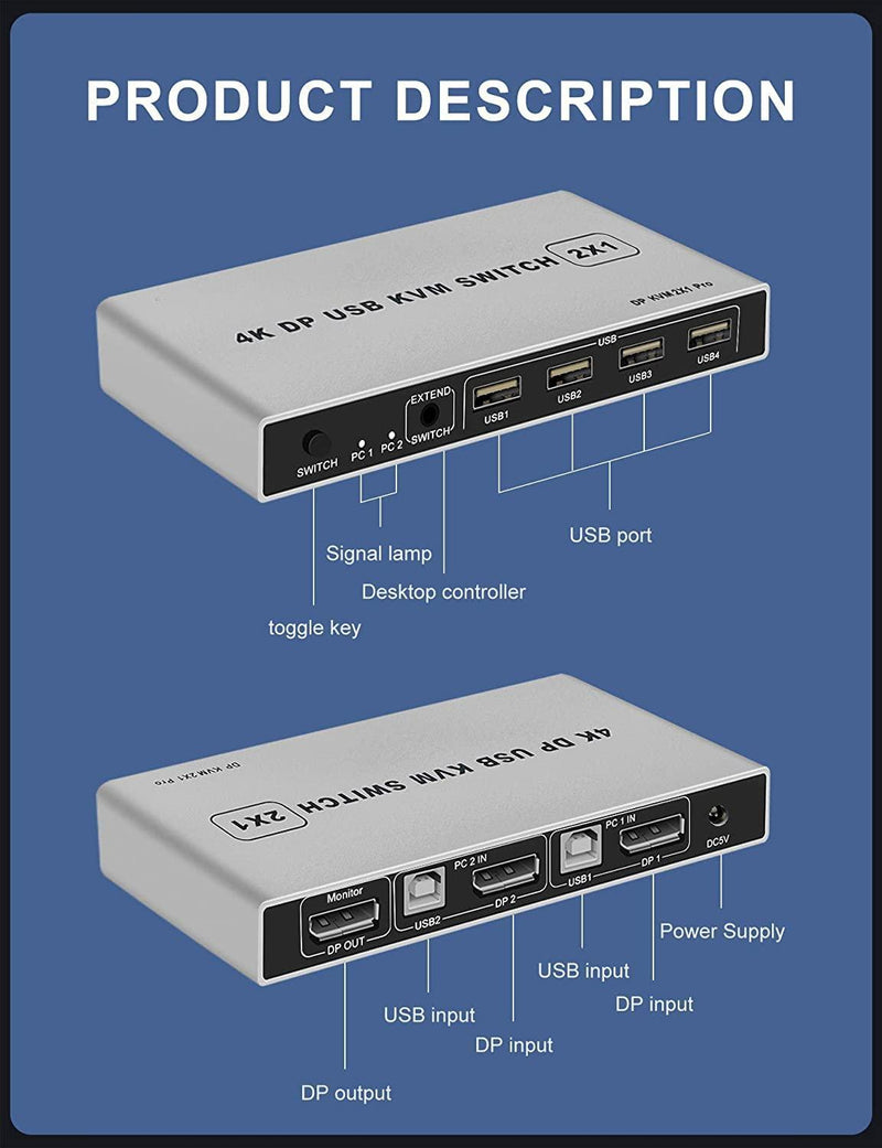 NÖRDIC KVM Switch 2 PC til 1 DisplayPort 1.2 4K60Hz og 4x USB-port HDCP 2.2