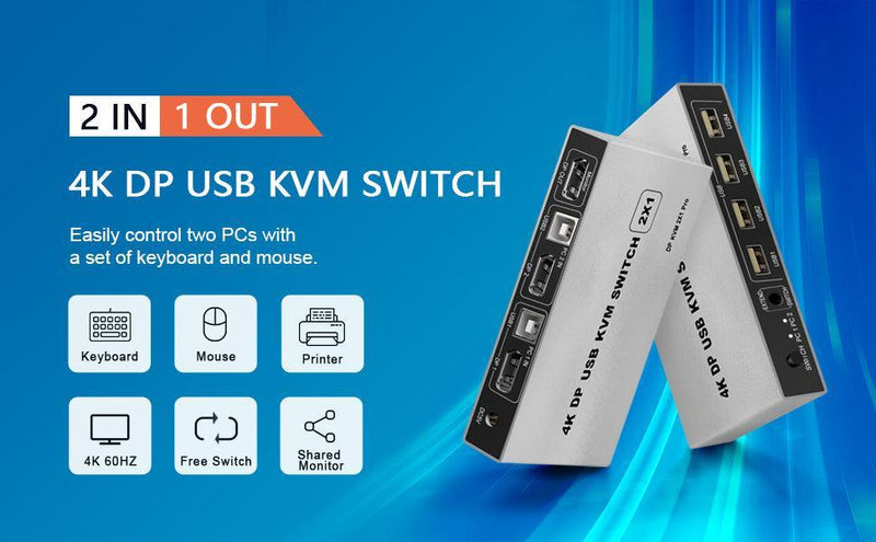 NÖRDIC KVM Switch 2 PC til 1 DisplayPort 1.2 4K60Hz og 4x USB-port HDCP 2.2