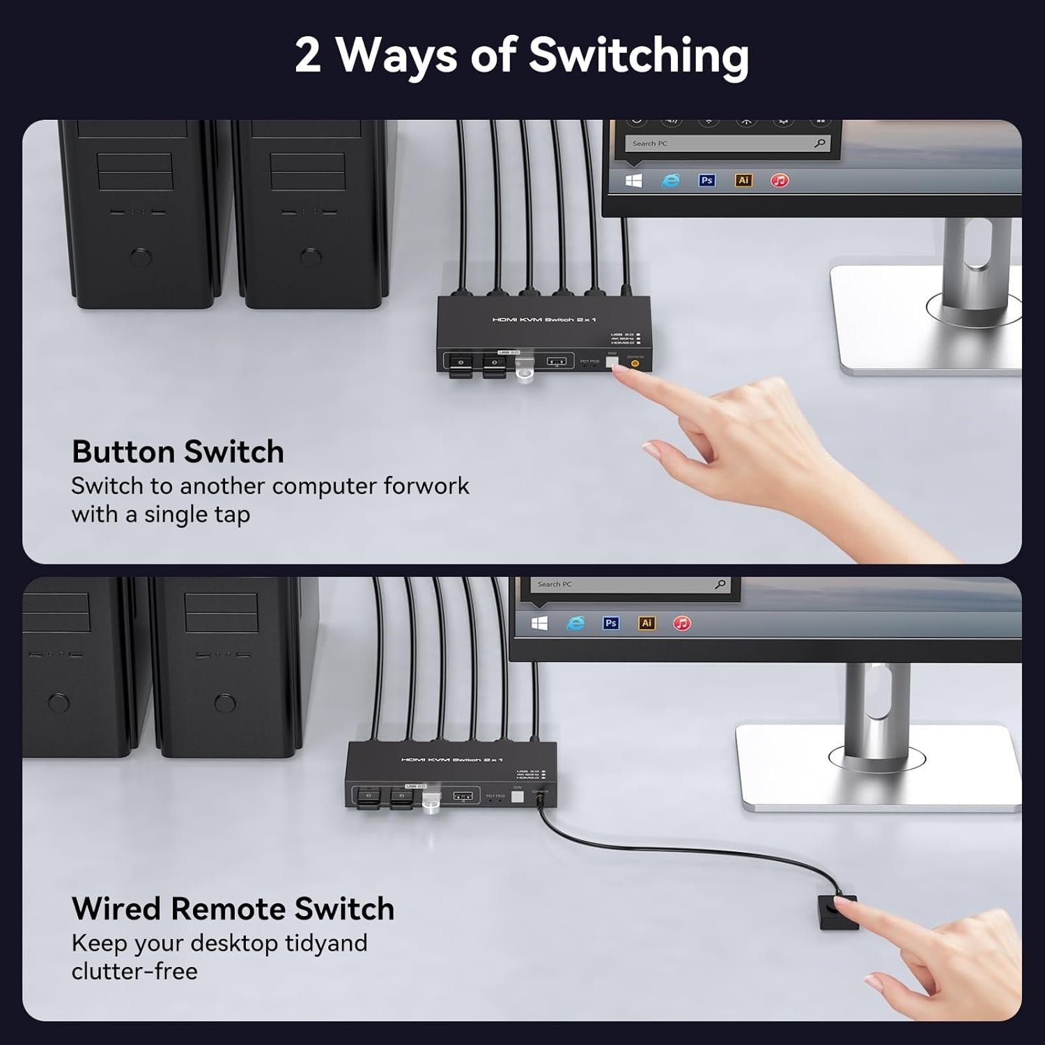 NÖRDIC KVM-switch 2 til 1 HDMI 2.0 4K60Hz til PC, Xbox, PS5 og bærbar computer med 4×USB 3.0-porte