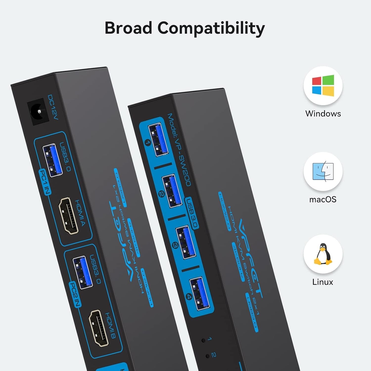NÖRDIC KVM-switch 2 til 1 HDMI 2.0 4K60Hz til PC, Xbox, PS5 og bærbar computer med 4×USB 3.0-porte