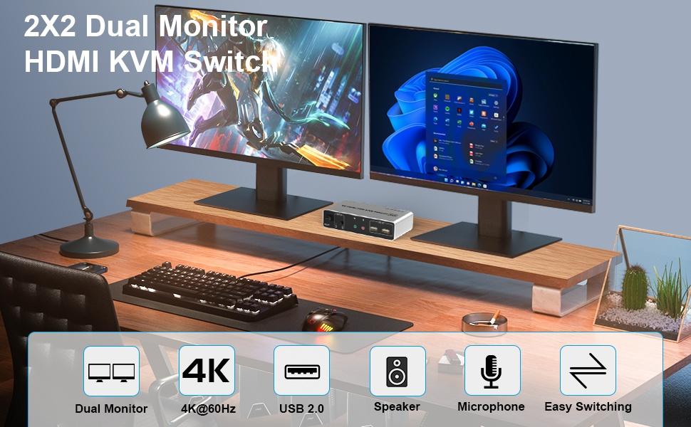 NÖRDIC KVM Switch 2x2 HDMI 4K60Hz 3xUSB3.0 Audio EDID