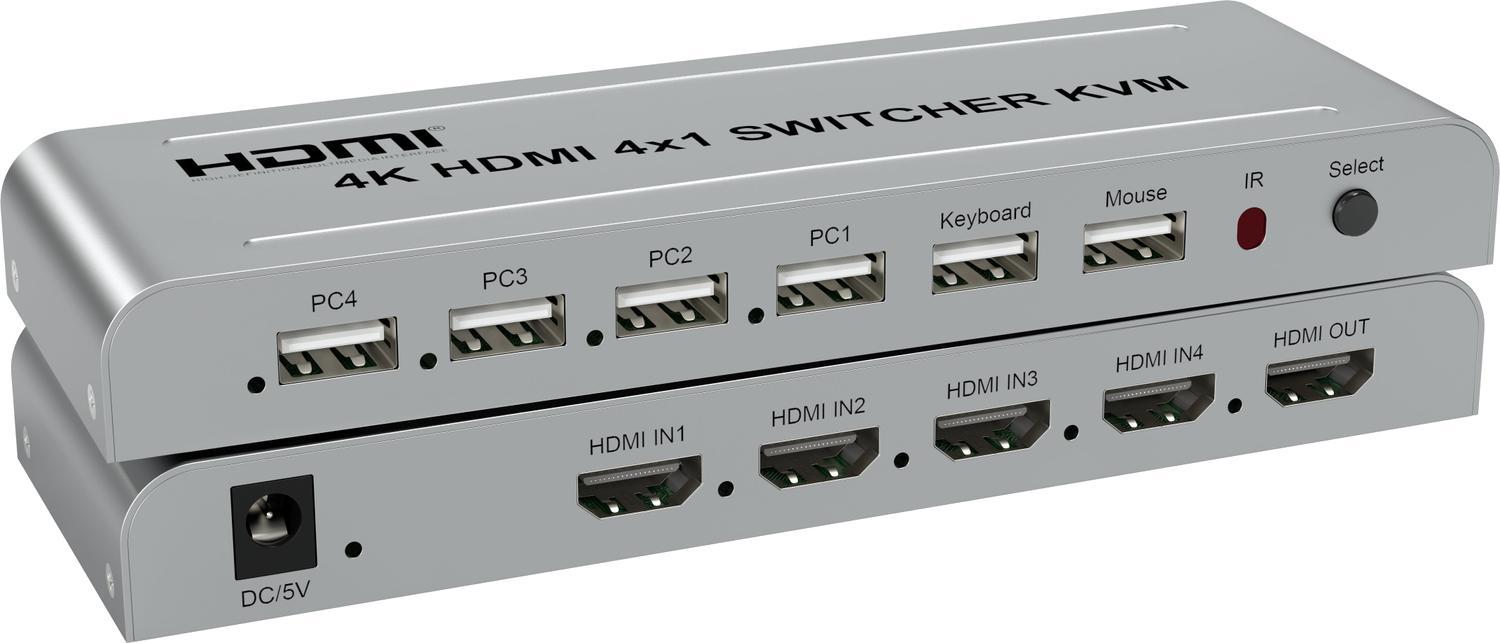 NÖRDIC KVM Switch 4 til 1 HDMI 4K 30Hz og 2xUSB HDCP 2.2