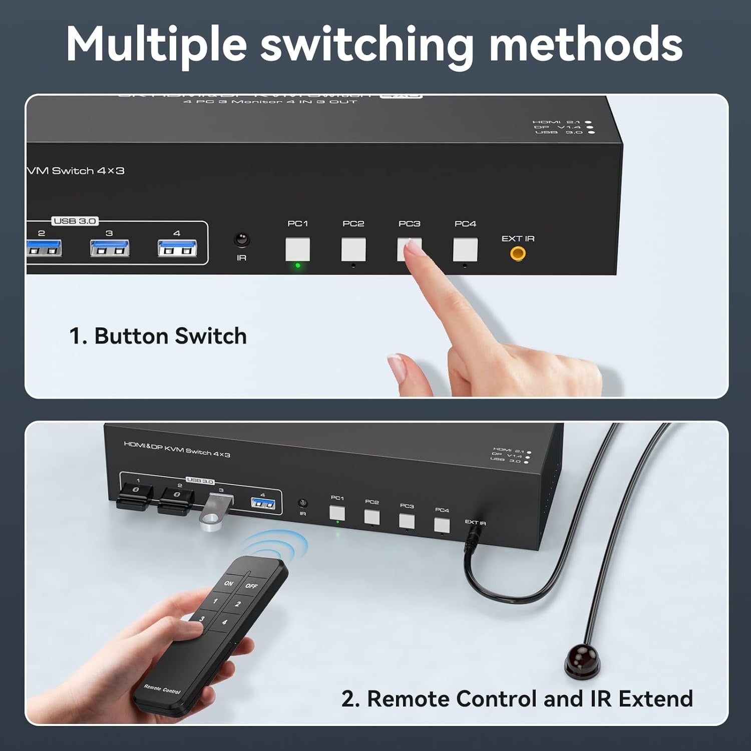 NÖRDIC KVM Switch 4 til 3, 4xUSB3.0 2xDP 1xHDMI 8K30Hz med trådløs kontrol
