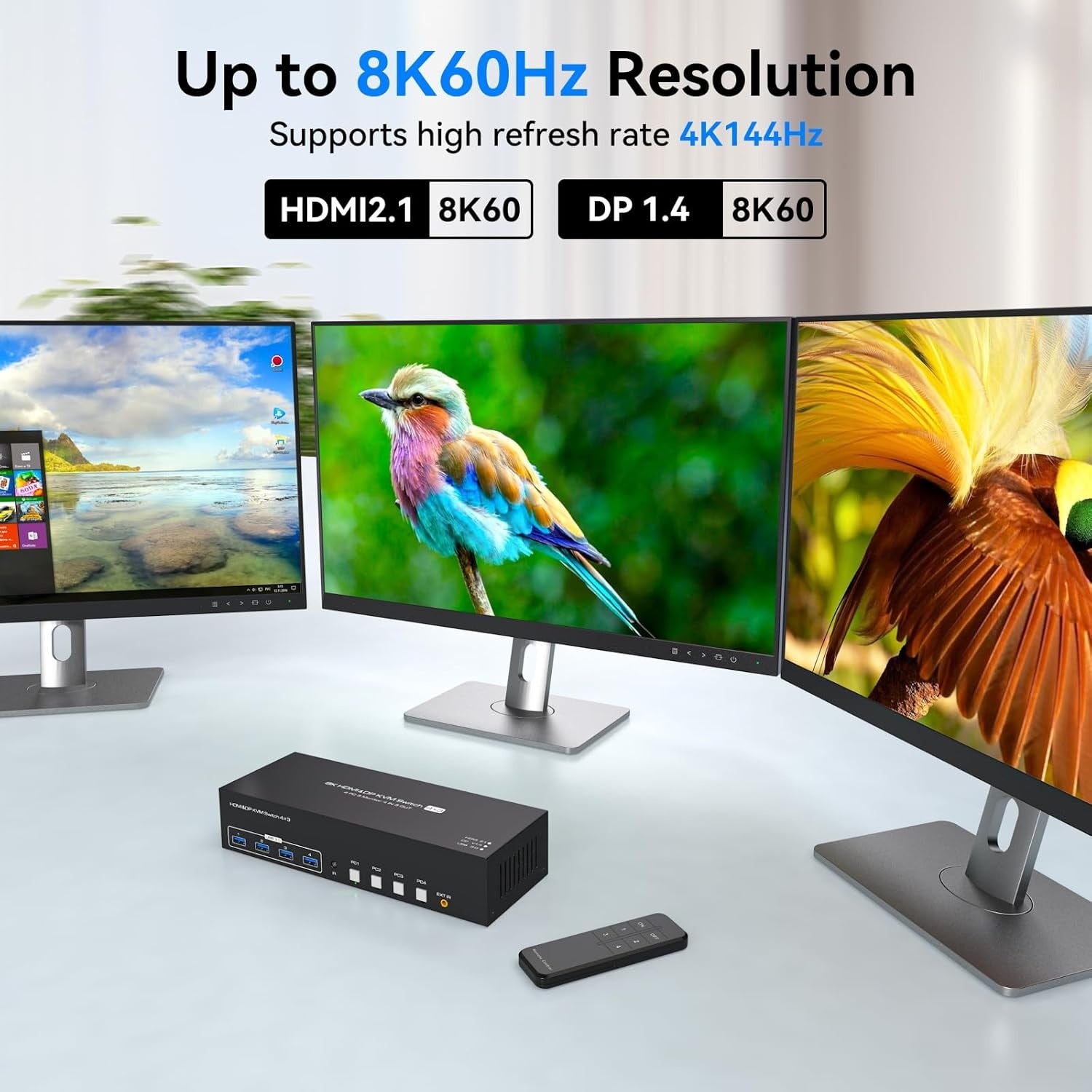 NÖRDIC KVM Switch 4 til 3, 4xUSB3.0 2xDP 1xHDMI 8K30Hz med trådløs kontrol