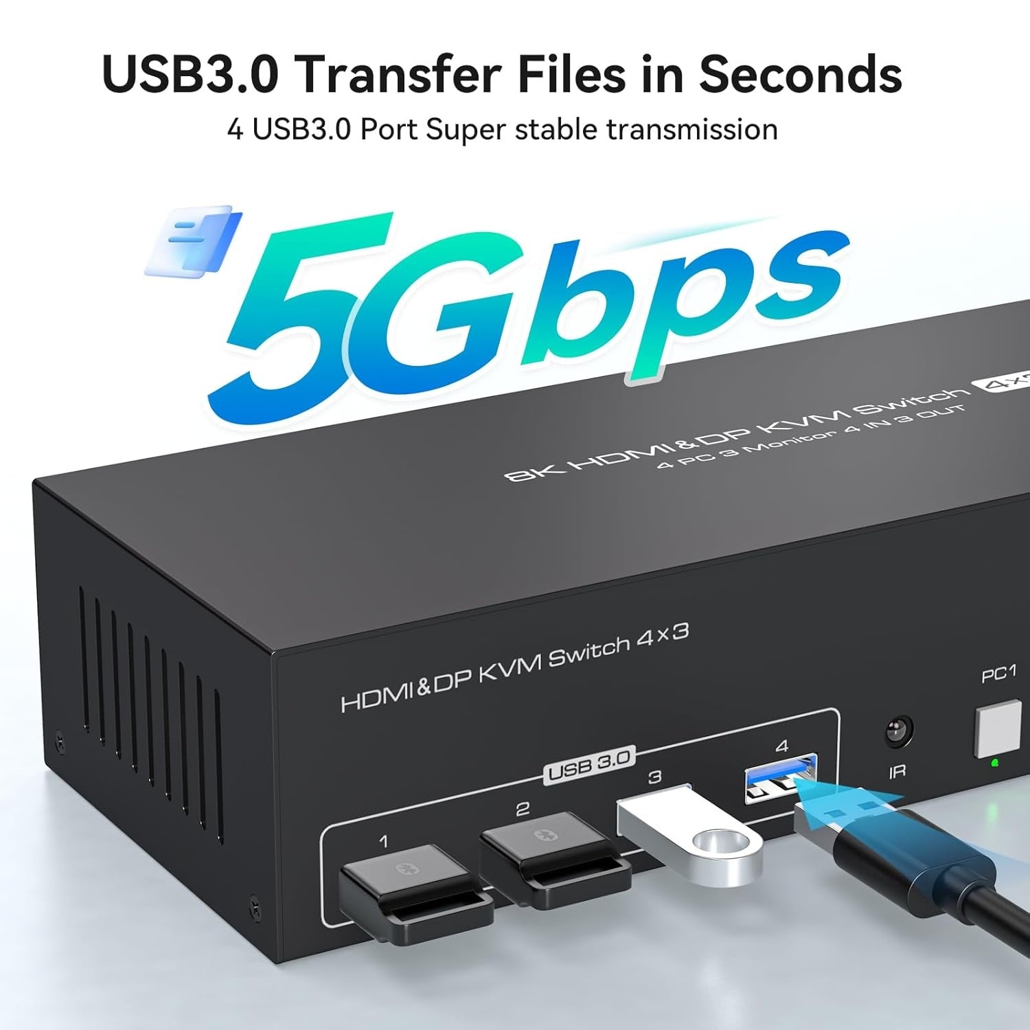 NÖRDIC KVM Switch 4 til 3, 4xUSB3.0 2xDP 1xHDMI 8K30Hz med trådløs kontrol