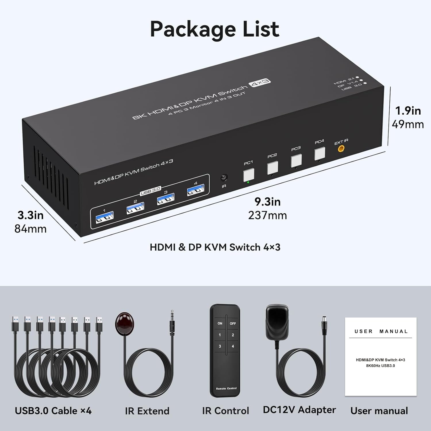 NÖRDIC KVM Switch 4 til 3, 4xUSB3.0 2xDP 1xHDMI 8K30Hz med trådløs kontrol