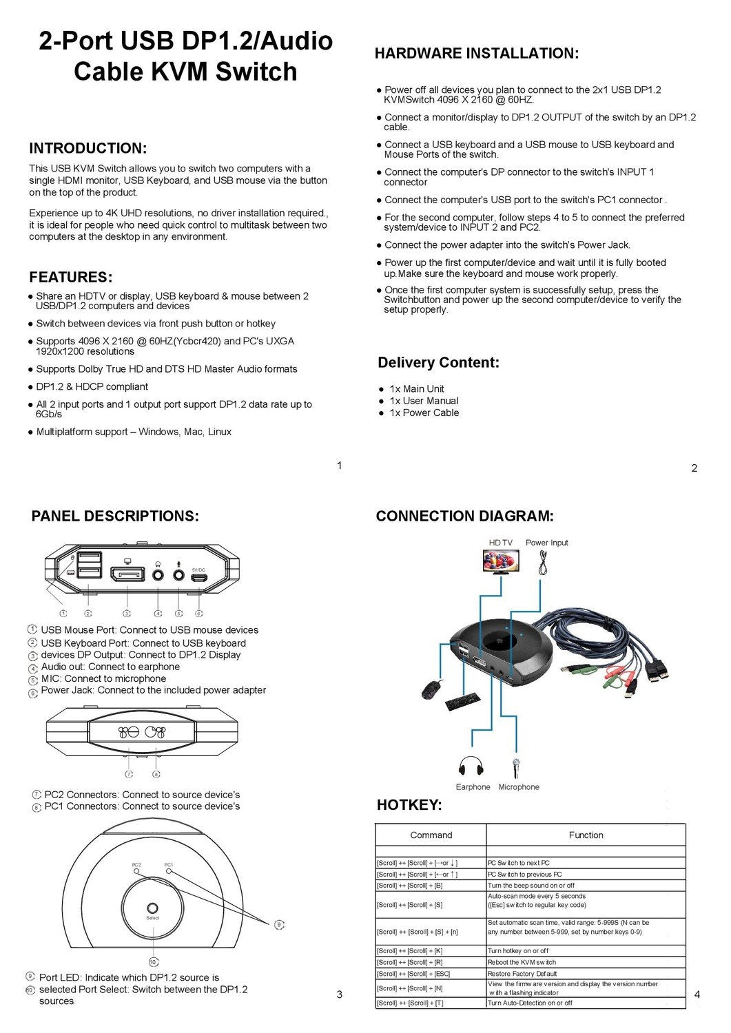 NÖRDIC KVM switch 2 til 1 DP 1,2 4K60Hz