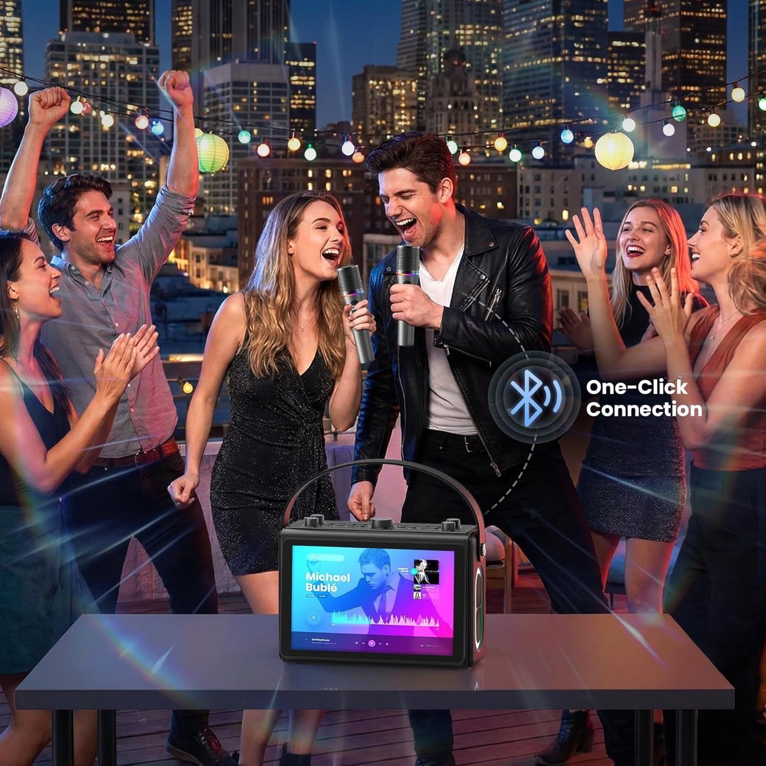 NÖRDIC Karaoke-maskine, indbygget 10,1" HD-lyrics-skærm, understøtter WiFi, Bluetooth, HDMI, USB og MicroSD, med 2 trådløse mikrofoner til hjemmefest