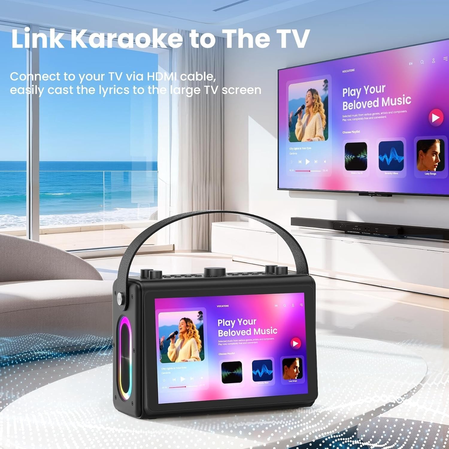 NÖRDIC Karaoke-maskine, indbygget 10,1" HD-lyrics-skærm, understøtter WiFi, Bluetooth, HDMI, USB og MicroSD, med 2 trådløse mikrofoner til hjemmefest