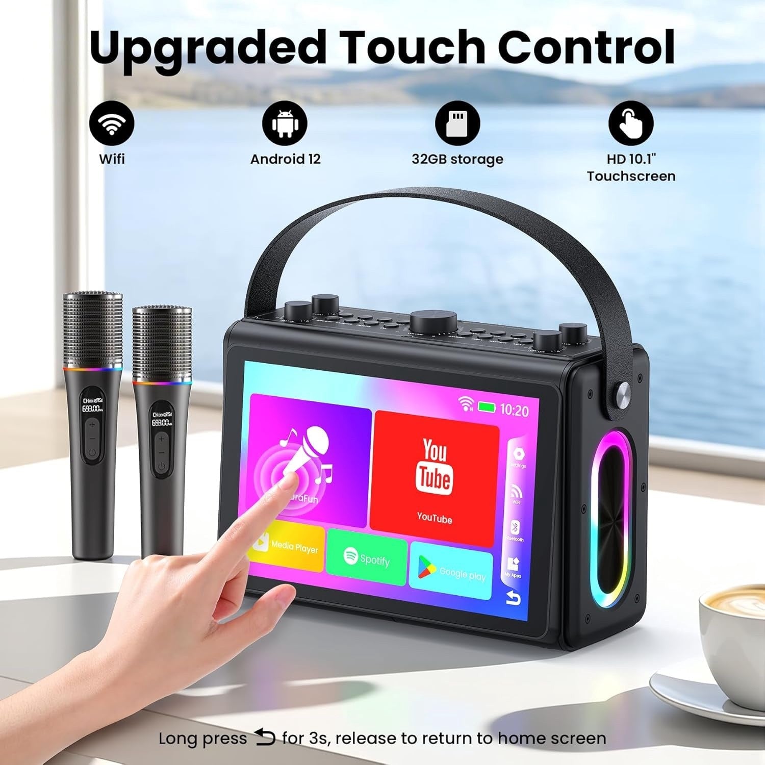 NÖRDIC Karaoke-maskine, indbygget 10,1" HD-lyrics-skærm, understøtter WiFi, Bluetooth, HDMI, USB og MicroSD, med 2 trådløse mikrofoner til hjemmefest