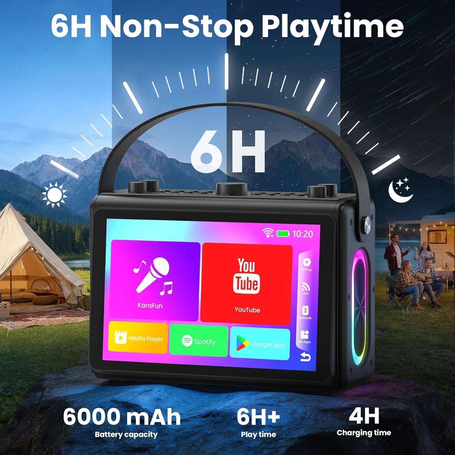 NÖRDIC Karaoke-maskine, indbygget 10,1" HD-lyrics-skærm, understøtter WiFi, Bluetooth, HDMI, USB og MicroSD, med 2 trådløse mikrofoner til hjemmefest