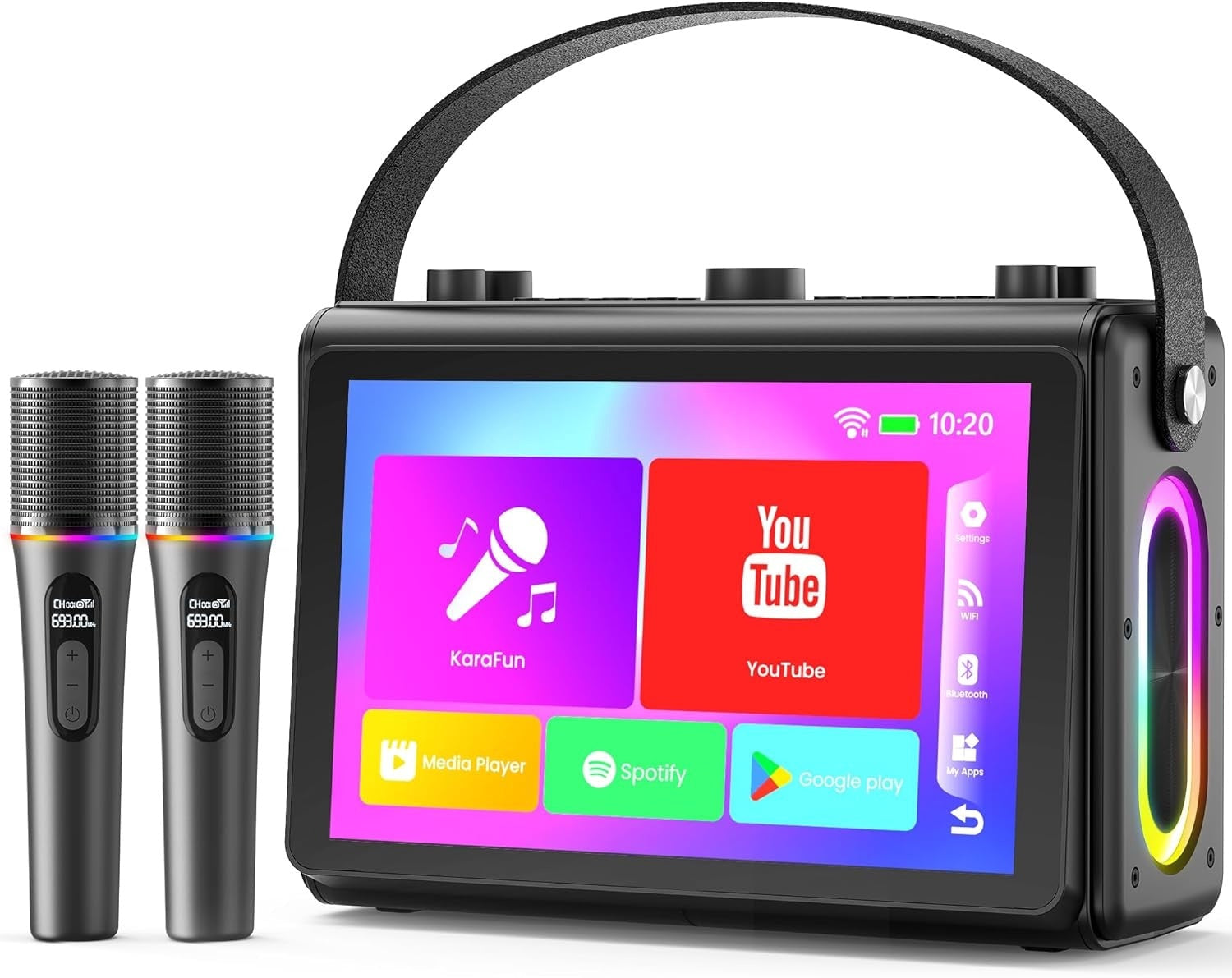 NÖRDIC Karaoke-maskine, indbygget 10,1" HD-lyrics-skærm, understøtter WiFi, Bluetooth, HDMI, USB og MicroSD, med 2 trådløse mikrofoner til hjemmefest