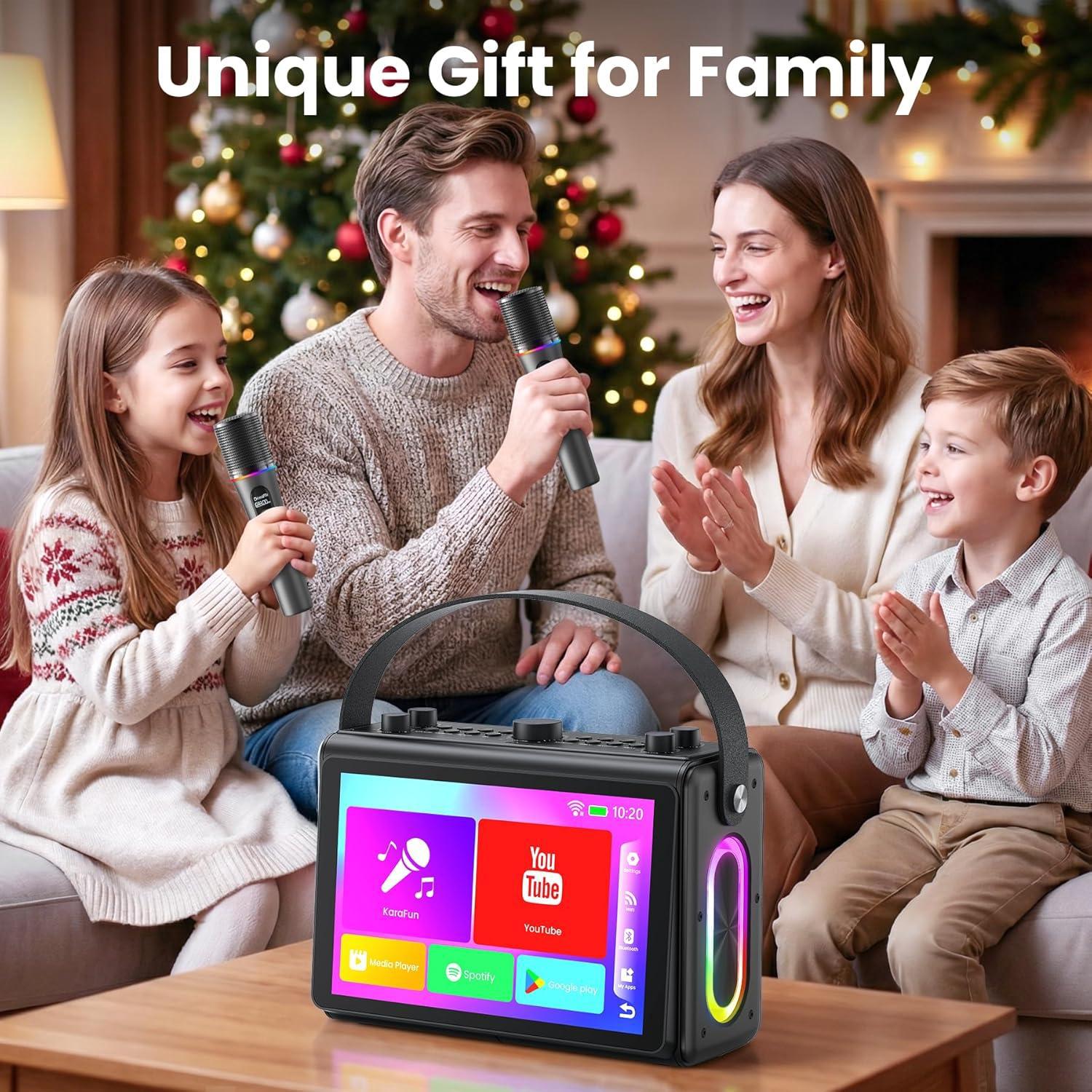 NÖRDIC Karaoke-maskine, indbygget 10,1" HD-lyrics-skærm, understøtter WiFi, Bluetooth, HDMI, USB og MicroSD, med 2 trådløse mikrofoner til hjemmefest