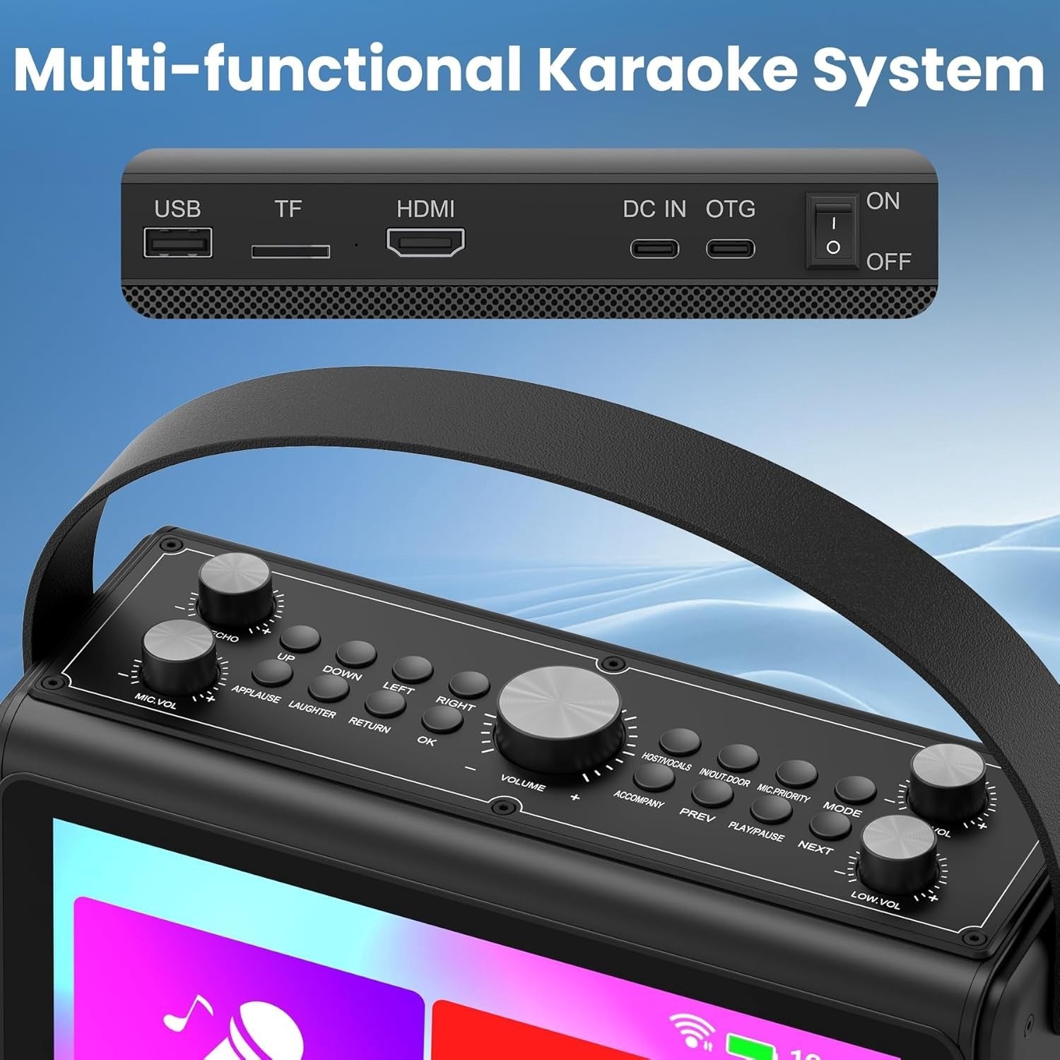 NÖRDIC Karaoke-maskine, indbygget 10,1" HD-lyrics-skærm, understøtter WiFi, Bluetooth, HDMI, USB og MicroSD, med 2 trådløse mikrofoner til hjemmefest
