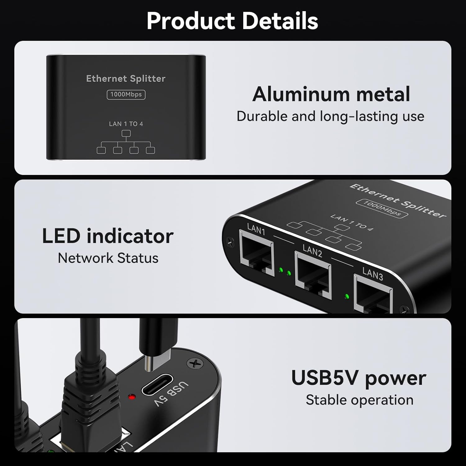 NÖRDIC LAN-splitter 1 til 4 1000 Mbps Gigabit Ethernet til computer, laptop, switch, hub, router, digital-TV