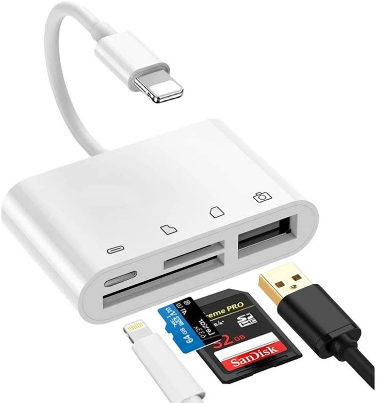 NÖRDIC Lightning-kortlæser 2-slot SD, MicroSD 1xUSB-A, 1xUSB-C Opladning UHS-I