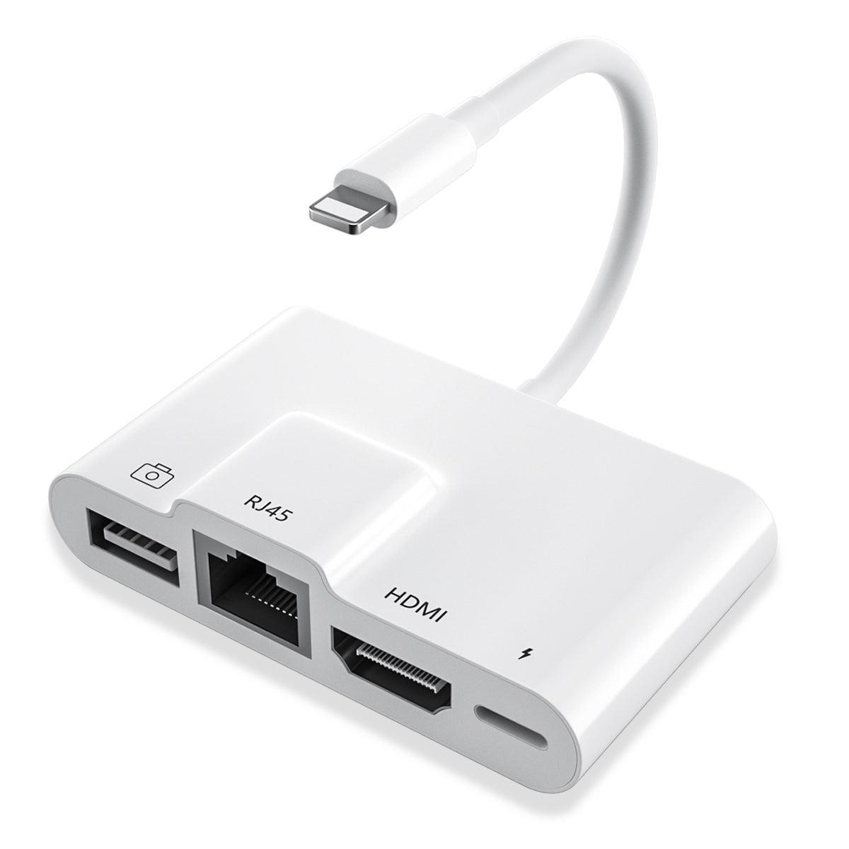 NÖRDIC Lightning adapter 1 til 4 porte 1xHDMI 1x RJ4510 / 100Mbps 1xUSB A 3.1 og 1 x Lightning opladningsport