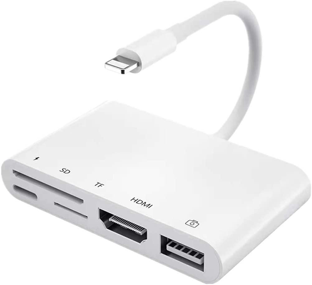 NÖRDIC Lightning adapter 1 til 5 porte 1xHDMI 1x 3,1 1x USB A Lightning til opladning 1xTF og 1xSD kortlæser