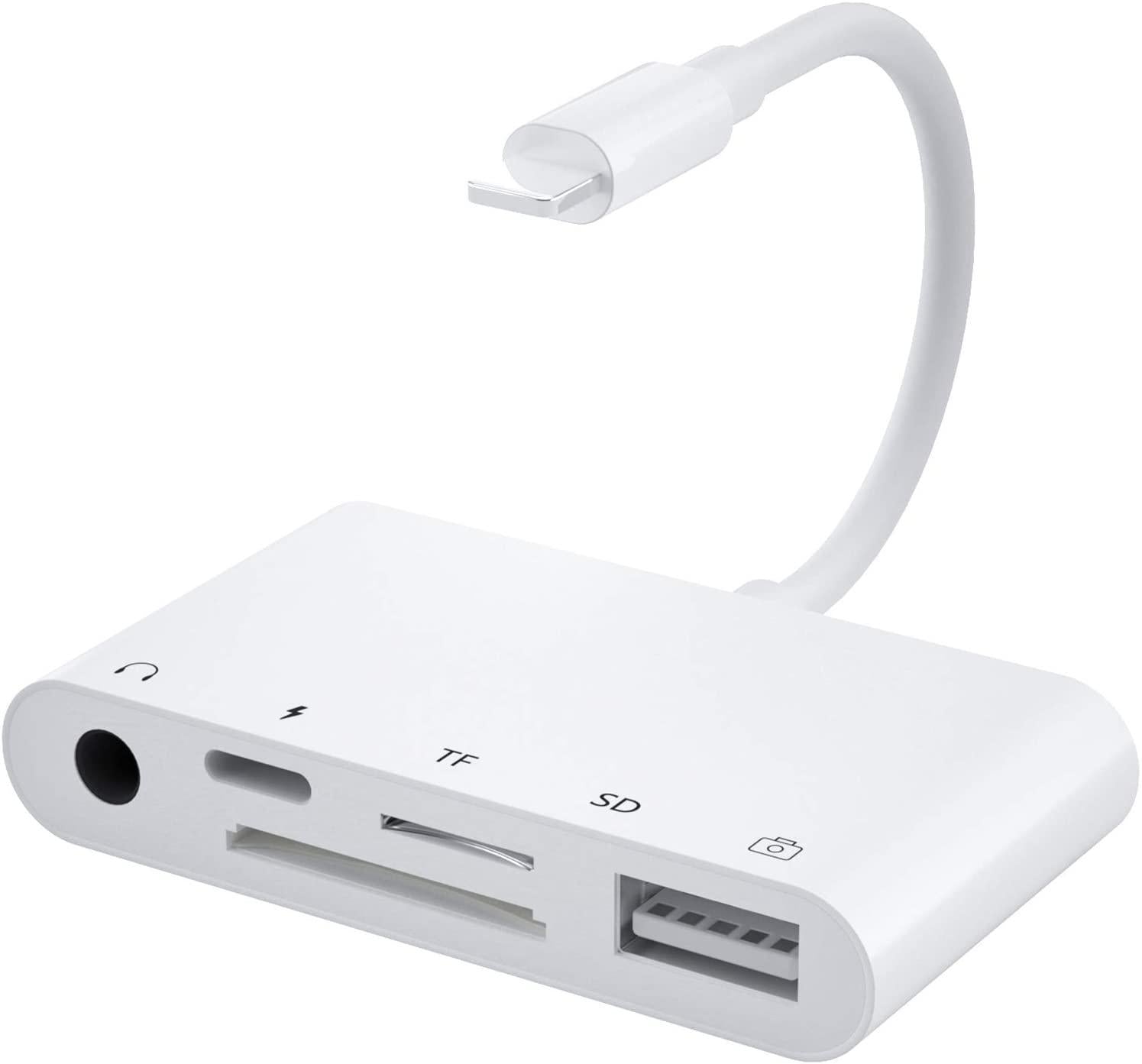 NÖRDIC Lightning adapter 1 til 5 porte 1xUSB A 3.1 Lightning port 1x 3,5 1x Audio 1xSD- og 1xTF kortlæser