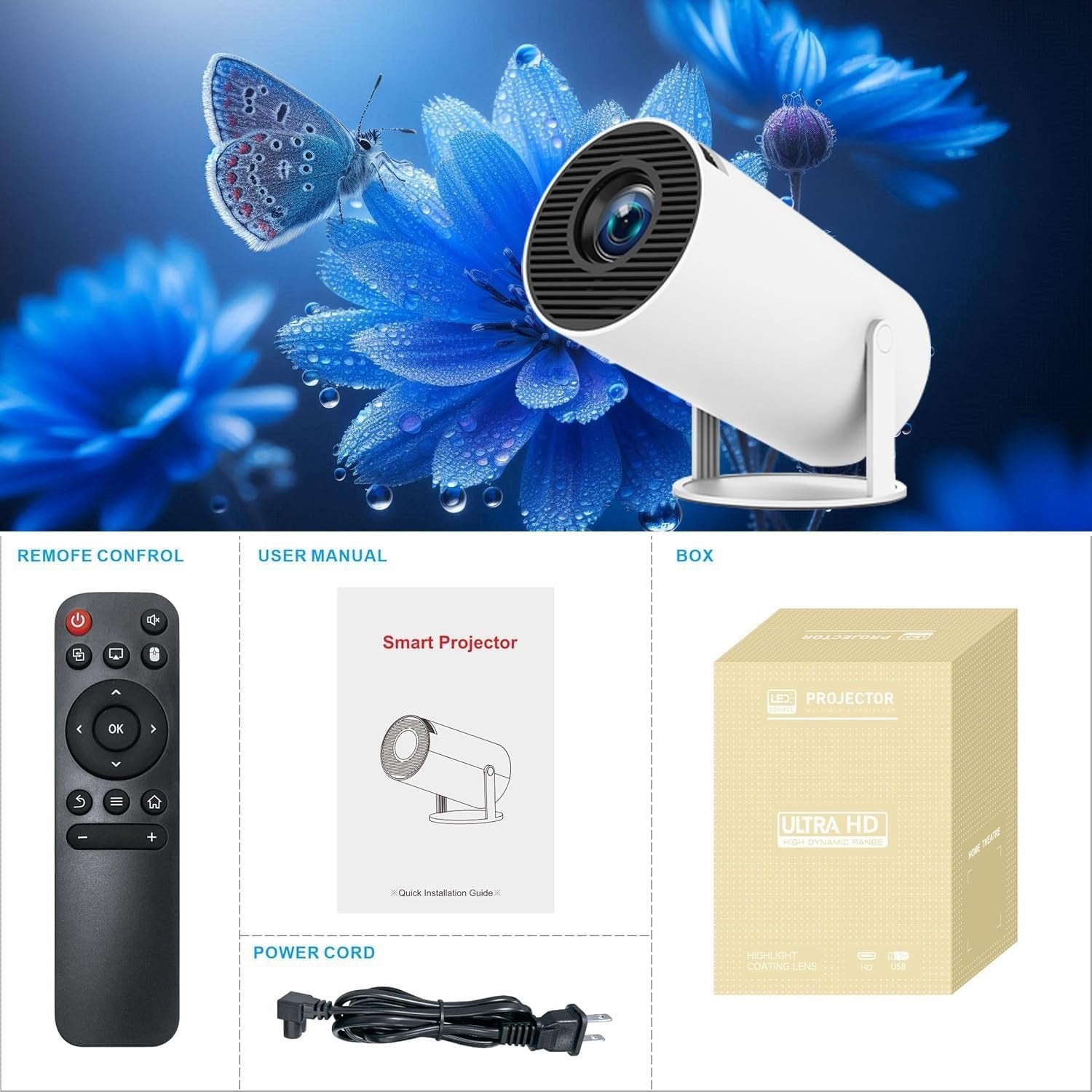 NÖRDIC Mini Portable Projector 4K 1080P Full HD-understøttelse Android 11 & Netflix – WiFi 6, BT 5.0, 180° rotation, hjemmebiografprojektor