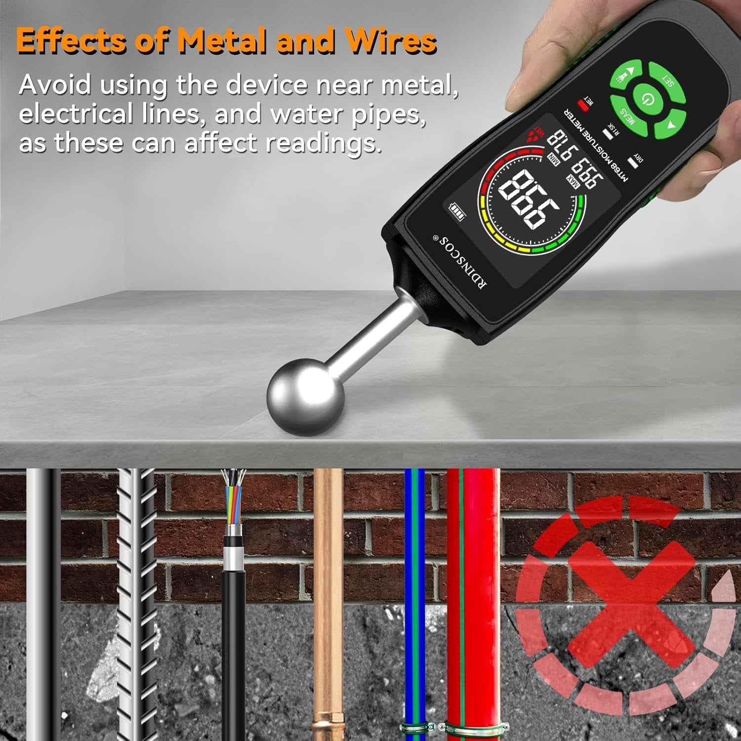 NÖRDIC Fugtighedsmåler med indbygget lampe til fugtmåling af træ, vægge, lofter, gulve og campingvogne