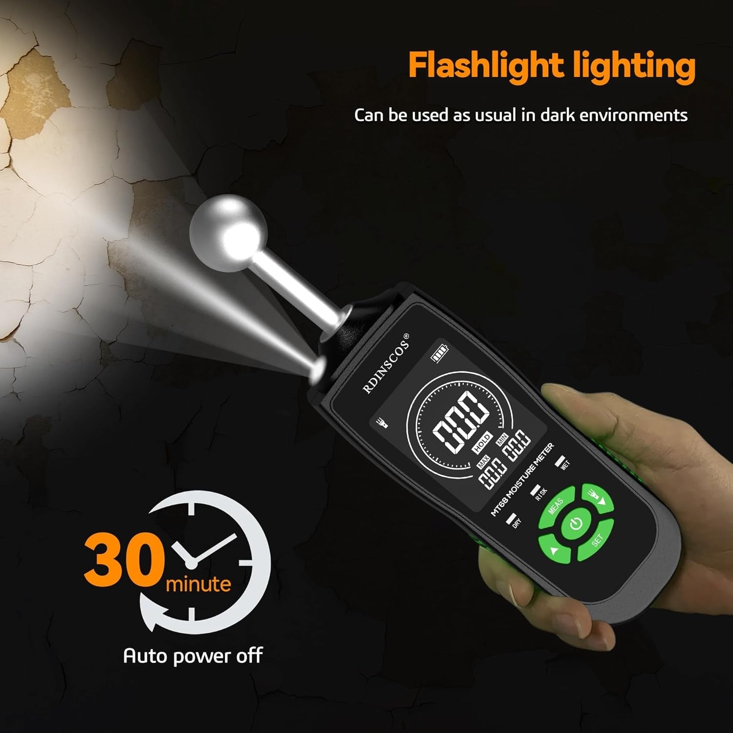 NÖRDIC Fugtighedsmåler med indbygget lampe til fugtmåling af træ, vægge, lofter, gulve og campingvogne