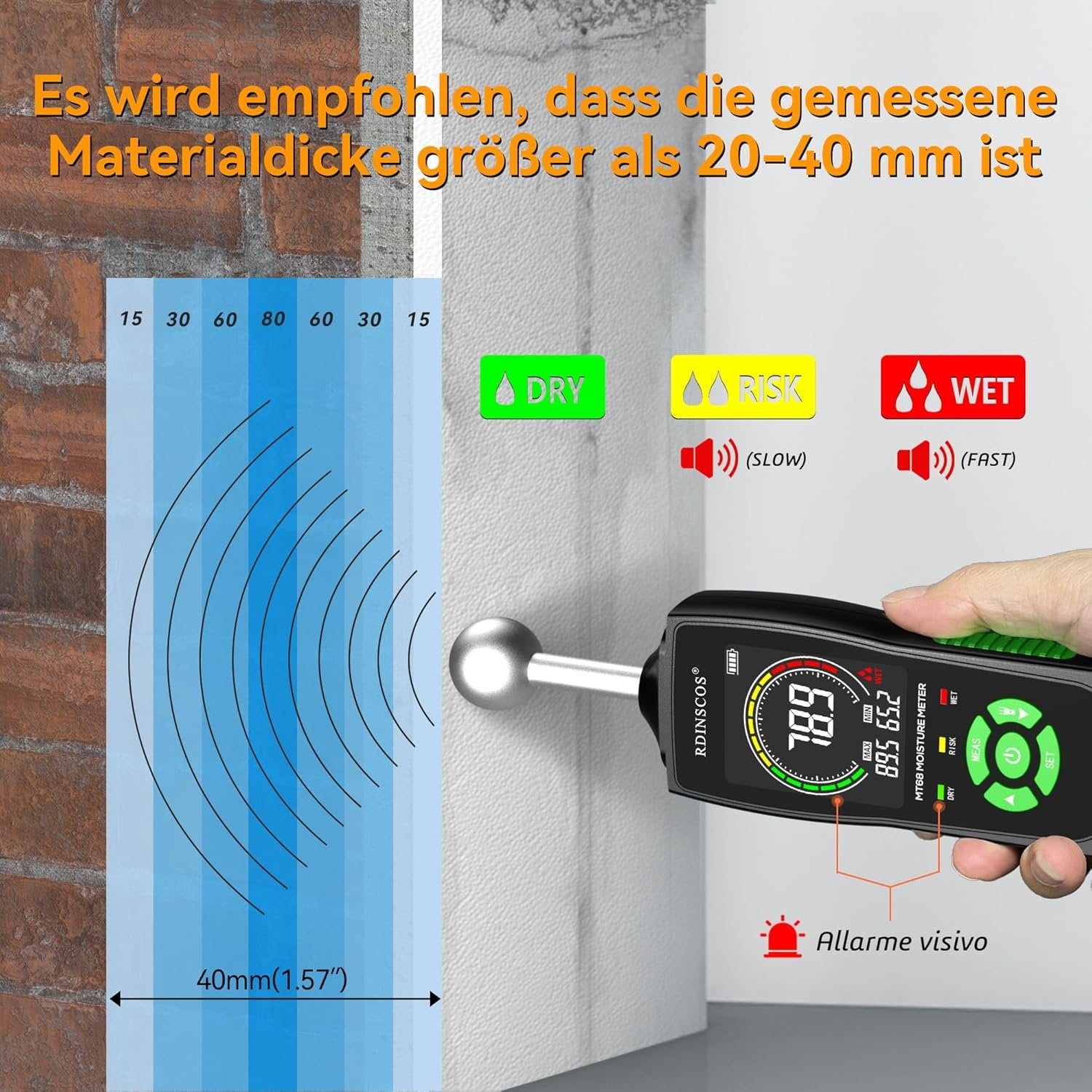 NÖRDIC Fugtighedsmåler med indbygget lampe til fugtmåling af træ, vægge, lofter, gulve og campingvogne