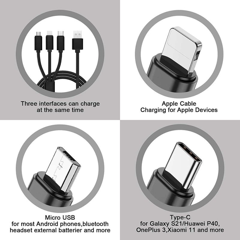 NÖRDIC Multiopladerkabel 1 til 3 USB-A til USB-C, Non MFI Lightning og Micro USB 1m Max 2,4A