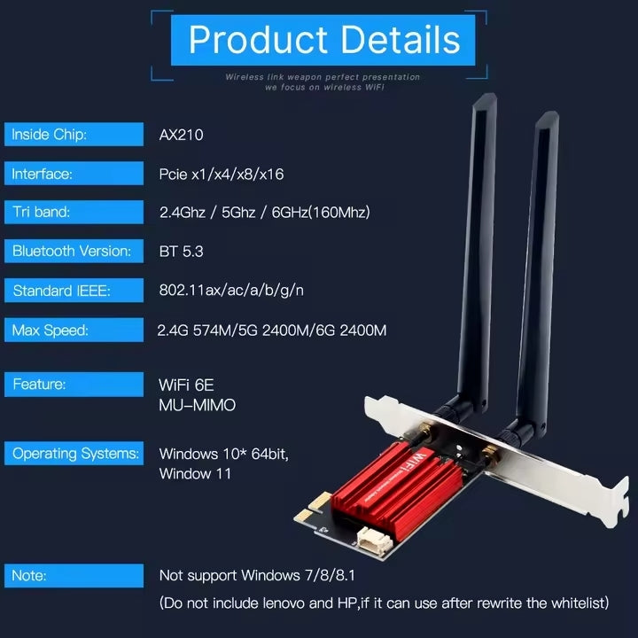 NÖRDIC PCIe AX210 WiFi-kort, tri-band 6 GHz/5 GHz/2,4 GHz internt netværkskort, 5400 Mbps, PCIe, 8 dBi, Bluetooth 5.3-adapter