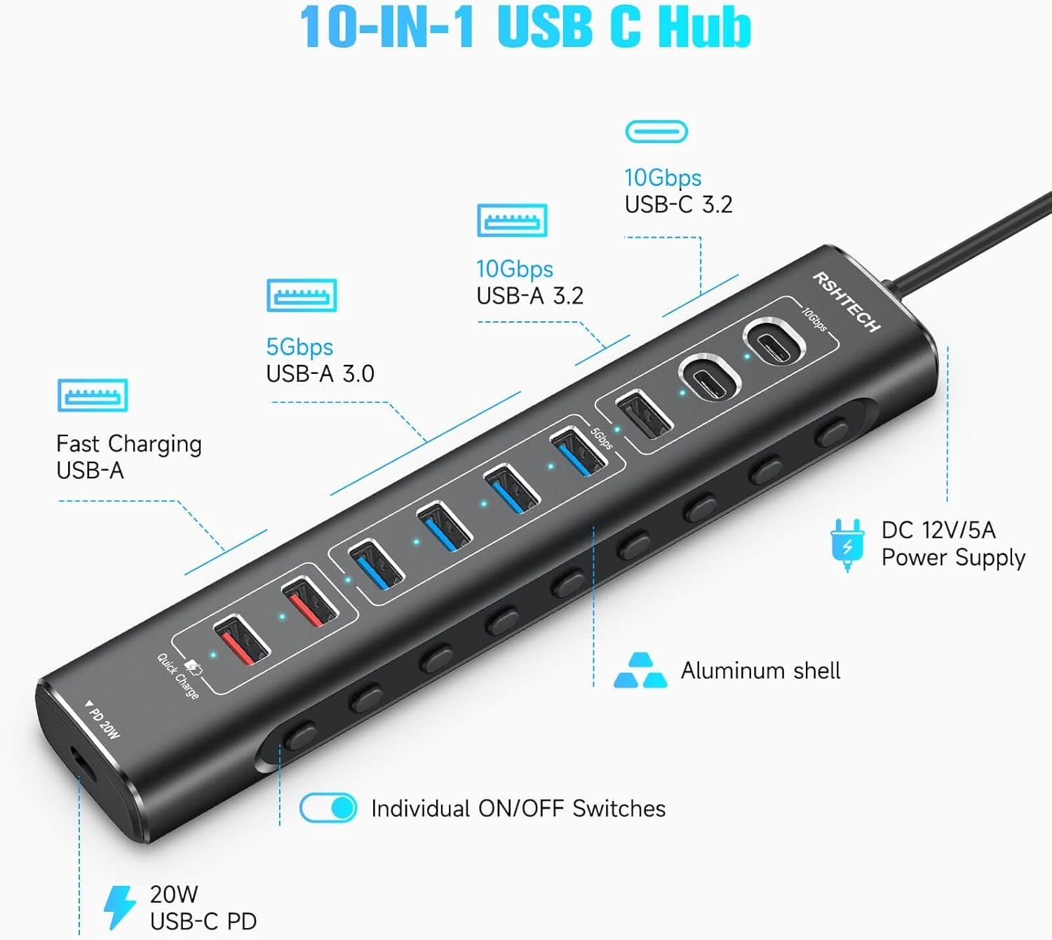 NÖRDIC Powered 10-ports USB-C & A Hub, 3x10G USB-A og USB-C USB3.2 GEN2, 4x5G USB-A USB3.2 GEN1, 1xUSB-C 20W PD, 2xUSB-A opladning med individuel switch