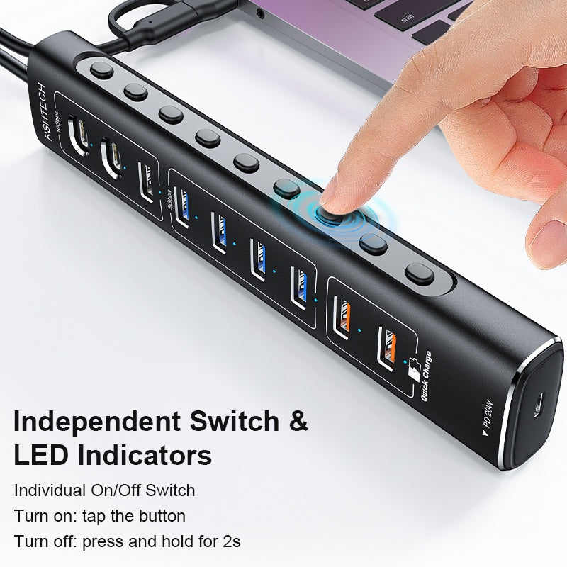 NÖRDIC Powered 10-ports USB-C & A Hub, 3x10G USB-A og USB-C USB3.2 GEN2, 4x5G USB-A USB3.2 GEN1, 1xUSB-C 20W PD, 2xUSB-A opladning med individuel switch