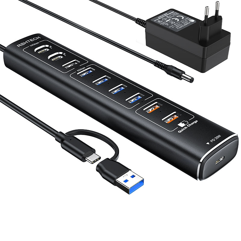 NÖRDIC Powered 10-ports USB-C & A Hub, 3x10G USB-A og USB-C USB3.2 GEN2, 4x5G USB-A USB3.2 GEN1, 1xUSB-C 20W PD, 2xUSB-A opladning med individuel switch