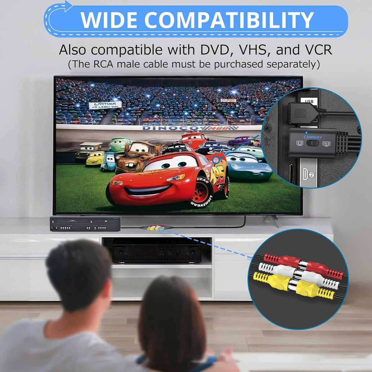 NÖRDIC RCA til HDMI-konverter 1080P 16:9/4:3 til VCR, VHS og DVD-afspillere, Mini Composite CVBS lyd- og videoadapter med understøttelse af PAL og NTSC