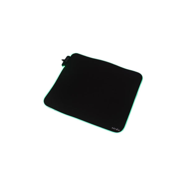 NÖRDIC RGB gaming musemåtte, 450x400x4mm (M), skridsikre naturgummibas, Elastan-tygtopp, sort
