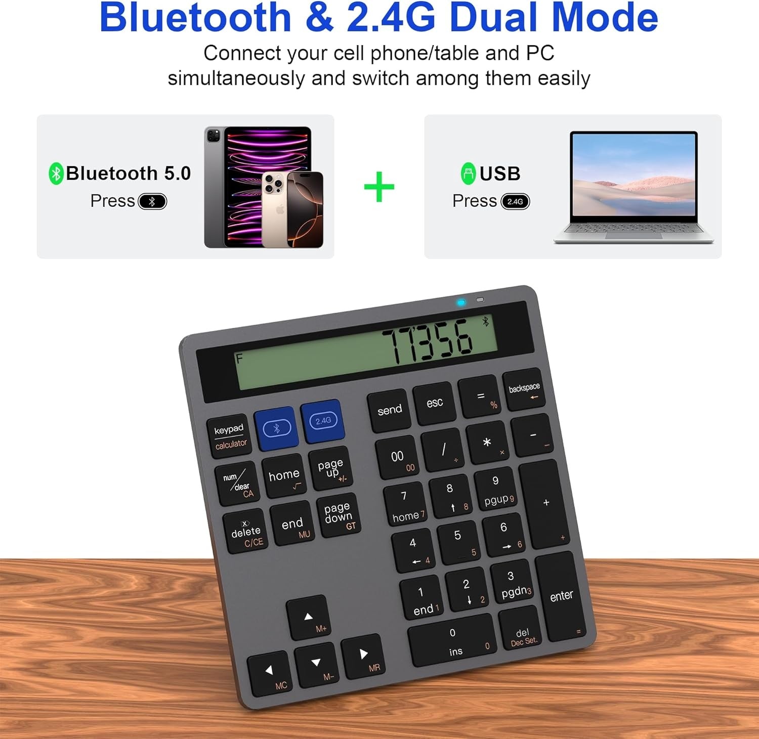 NÖRDIC Slim 34-tasters numerisk tastatur med Bluetooth og display, 2-i-1 dataindtastning + lommeregner til laptop, MacBook, Mac, Surface, PC og Chrome