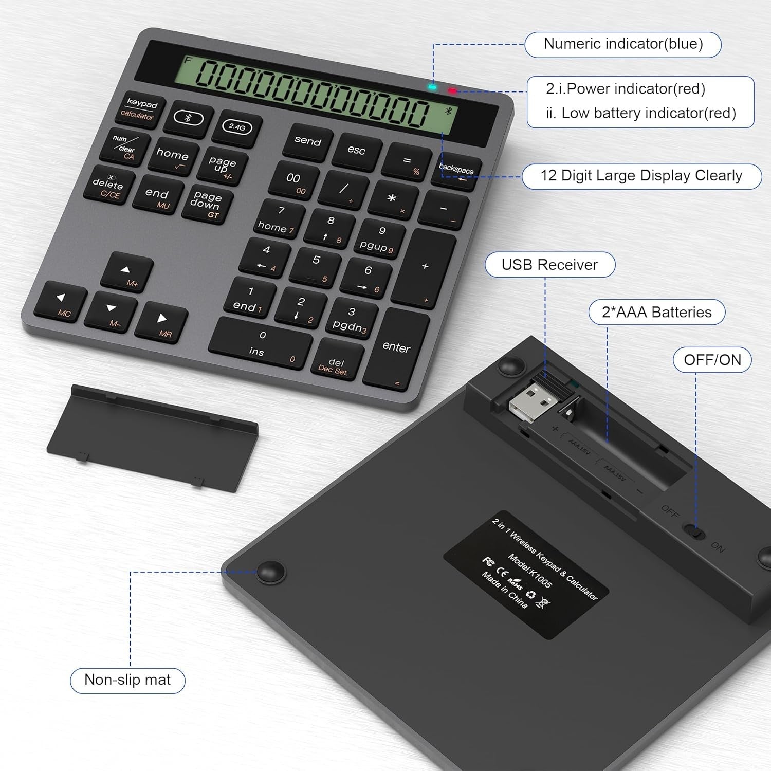 NÖRDIC Slim 34-tasters numerisk tastatur med Bluetooth og display, 2-i-1 dataindtastning + lommeregner til laptop, MacBook, Mac, Surface, PC og Chrome