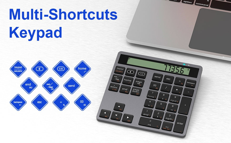 NÖRDIC Slim 34-tasters numerisk tastatur med Bluetooth og display, 2-i-1 dataindtastning + lommeregner til laptop, MacBook, Mac, Surface, PC og Chrome